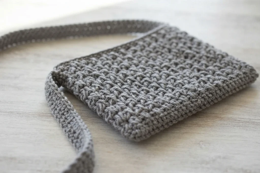 A gray crocheted cross-body bag with a long strap lying on a light surface.