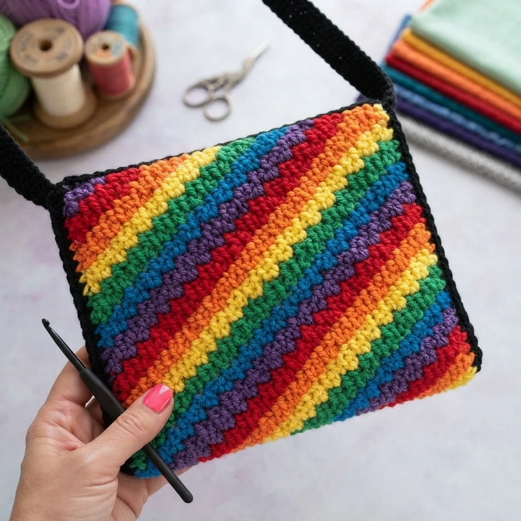 A rectangular crochet bag with diagonal rainbow stripes, black edging and a black strap, held beside a crochet hook, with yarn and craft supplies in the background.