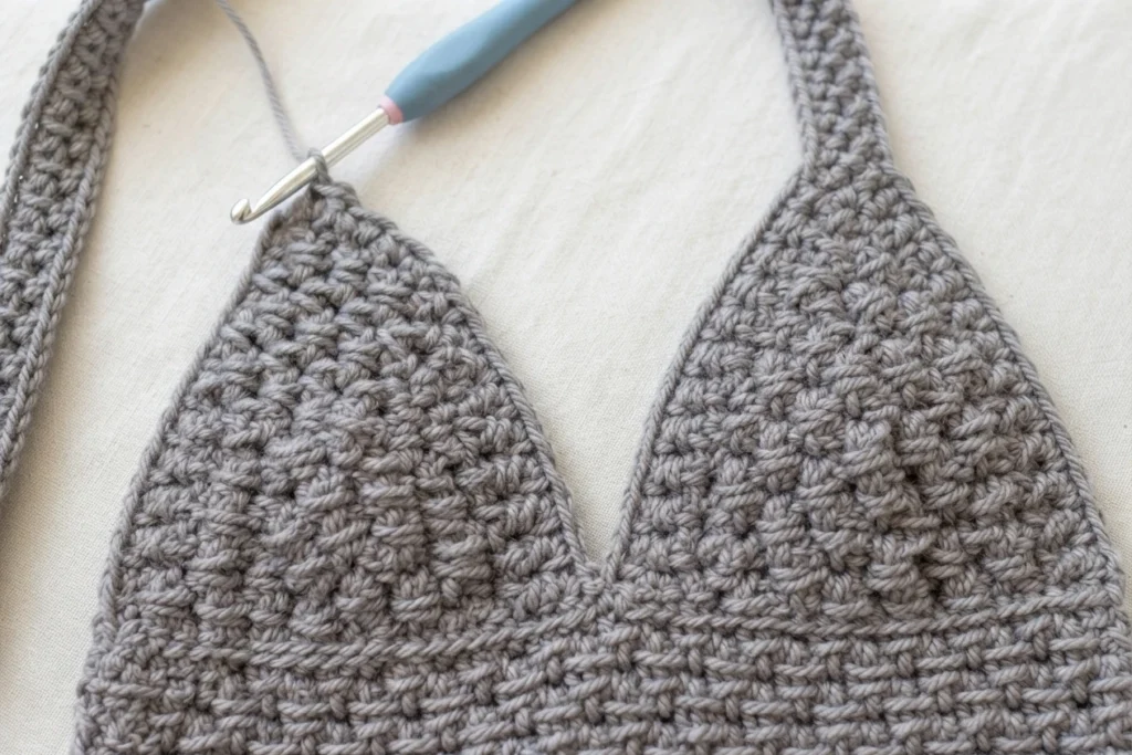Close-up of a gray crocheted bag section and strap with a crochet hook attached.