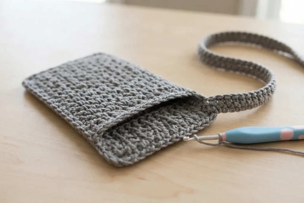 Gray crocheted bag with an attached strap, open at the top, beside a crochet hook.