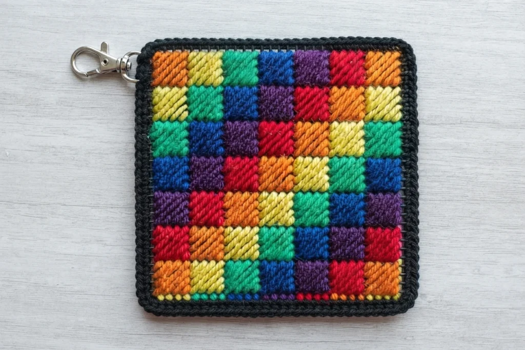 Panneau rectangulaire de sac crocheté, avec des blocs colorés en diagonale, une bordure noire et un fermoir métallique, posé sur une surface en bois clair.