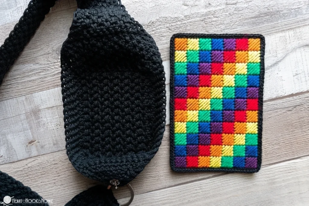 A black crocheted bag body and strap beside a separate rainbow-colored gridded panel on a pale wood surface.