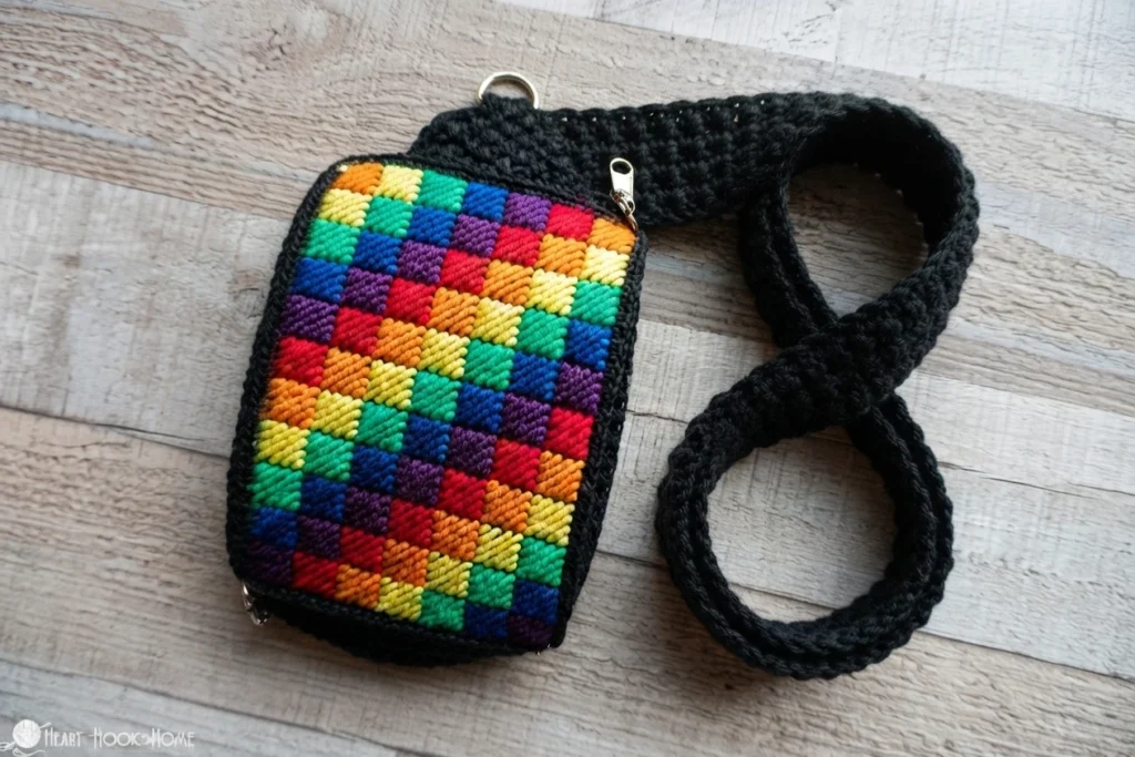 Sac crocheté noir avec un panneau rectangulaire à motifs multicolores, accompagné d’une longue bandoulière noire posée en boucle sur un fond de planches claires.