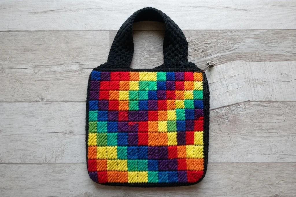 A black crochet cross-body bag with a wide strap and a front panel of colorful squares, resting on a light wood surface.