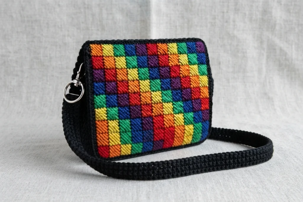 Finished black crochet crossbody bag with a bright multicolored square panel, a long strap and a metal clasp.
