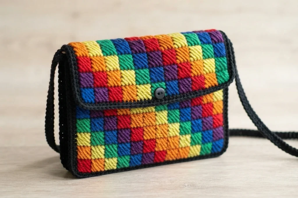 A finished rectangular cross-body bag with a black border, colorful checkerboard panels, a buttoned flap, and a long strap.