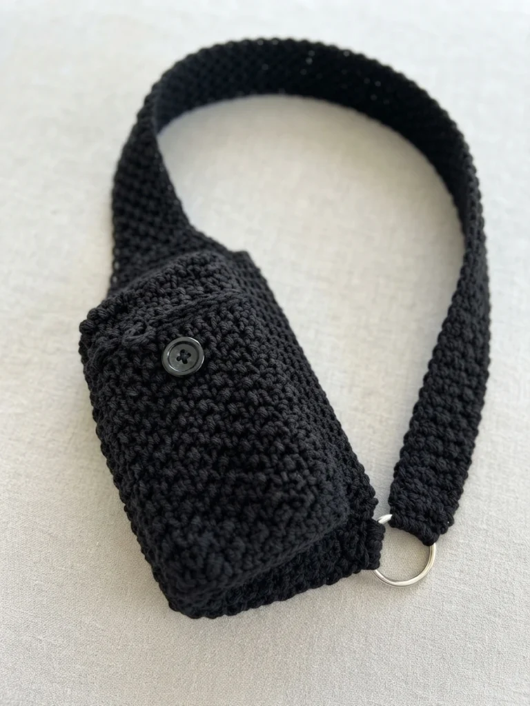 Black crocheted cross-body bag with a button flap, long strap, and metal ring, displayed on a light surface.