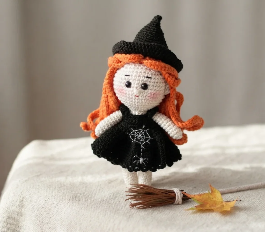Crocheted amigurumi witch doll with orange hair, a black pointed hat and a black dress embroidered with a white spiderweb, standing on a beige cloth next to a small broom and a yellow autumn leaf.