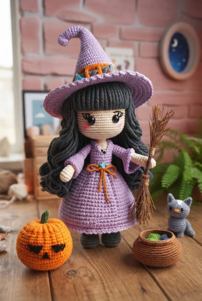 Crocheted witch doll with a purple pointed hat and purple dress, long dark curly hair, holding a small twig broom, standing next to a crocheted orange pumpkin, a small gray cat and a basket of yarn balls on a wooden table.