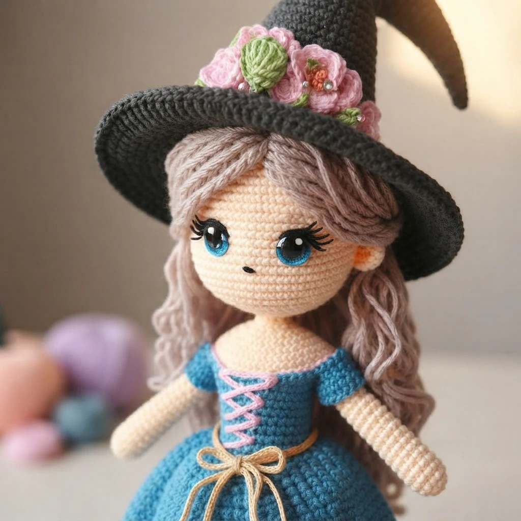 Crocheted witch doll shown from the waist up, wearing a black pointed hat decorated with pink and green crocheted flowers, long wavy light brown hair, large blue eyes with dark lashes, and a blue dress with pink lacing and a small bow at th