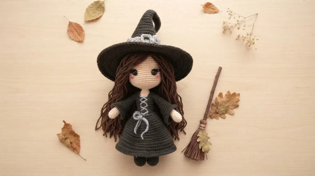 Crocheted witch doll with a wide dark grey hat, long brown hair and a grey dress with laced bodice, lying on a light wood surface beside a small broom with dried leaf bristles, autumn leaves and dried flowers around her.