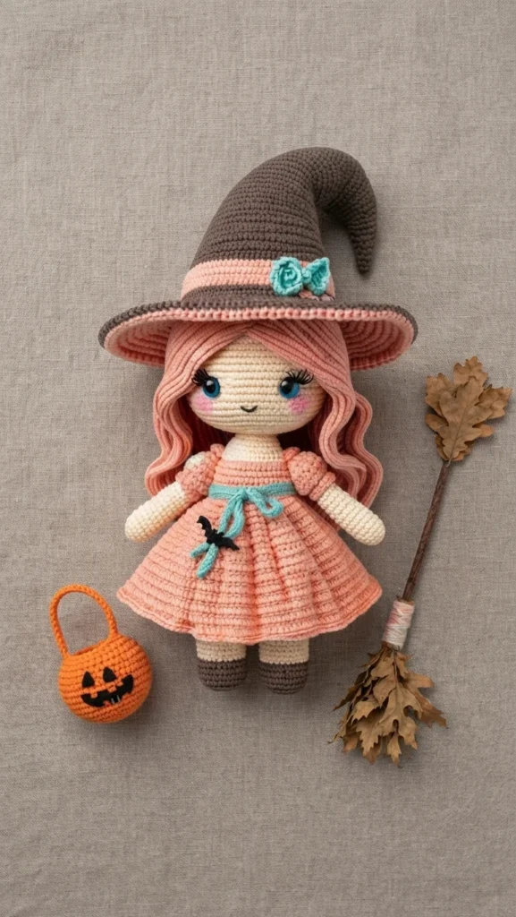 Crocheted witch doll with pink hair, a brown pointed hat trimmed with a teal bow, and a peach dress, standing next to a crocheted orange pumpkin bag and a small broom with dried leaves wrapped in yarn, on a grey fabric background.