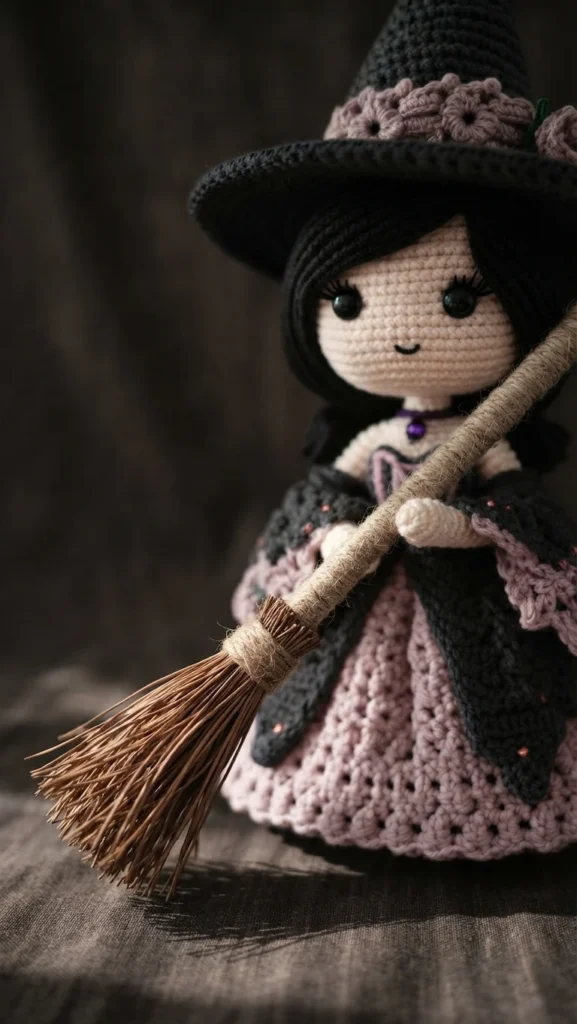 Crocheted witch doll with black hair and a black pointed hat trimmed with pink flowers, wearing a pink dress with a dark cape, holding a rustic broom across her body against a dark blurred background.
