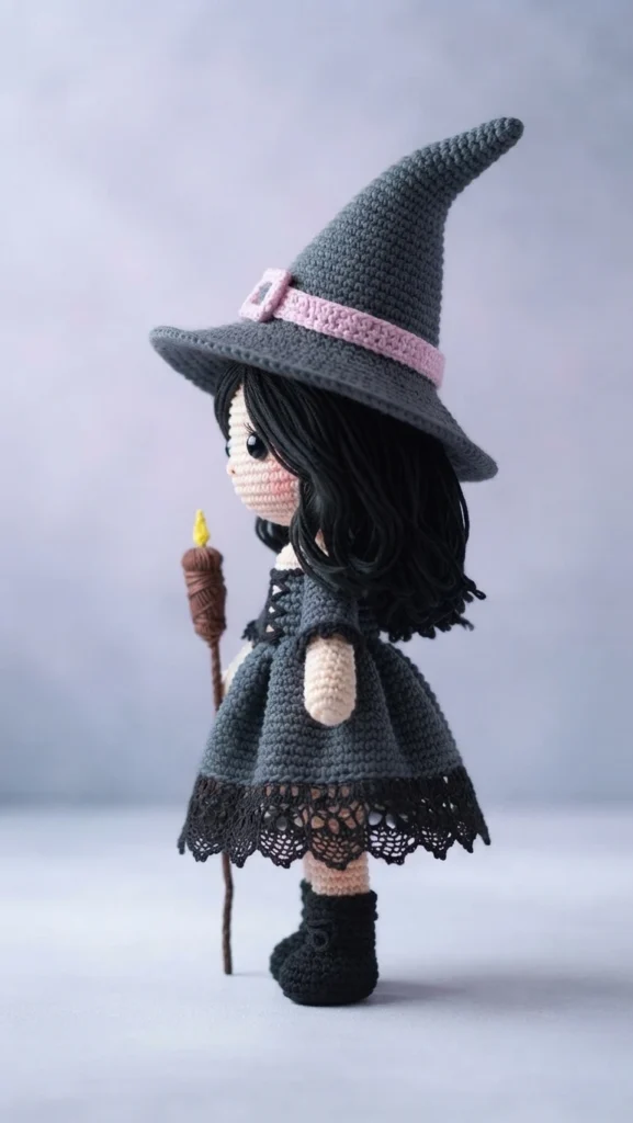 Crocheted witch doll in side view wearing a grey pointed hat with a pink band, black hair, a grey dress with black lace trim and black boots, holding a thin stick topped with a small candle.