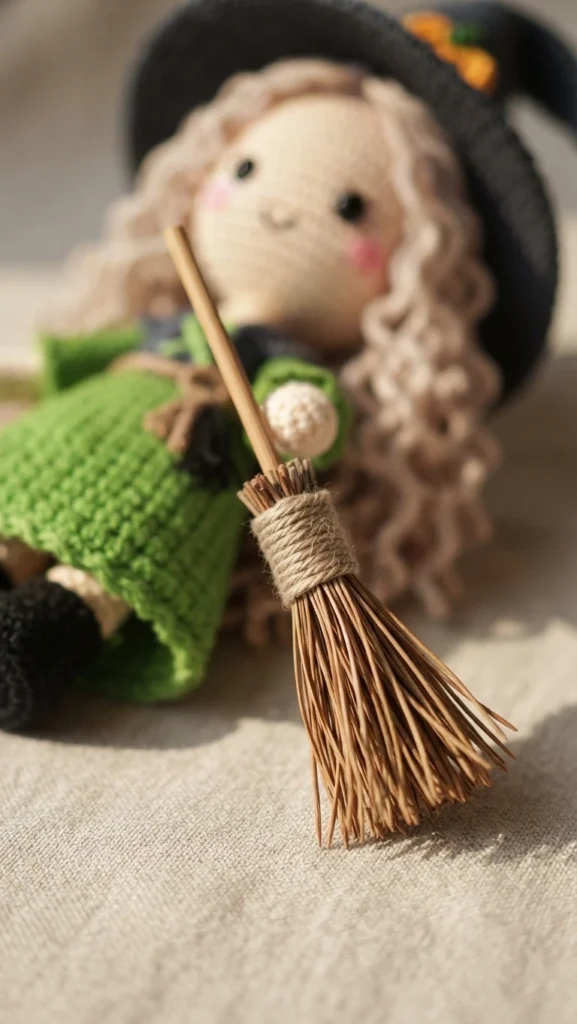 Close-up of a handmade miniature broom with a wooden handle and dried twig bristles bound with twine, held in front of a crocheted witch doll with curly blonde hair, a black pointed hat trimmed with an orange pumpkin, and a green dress, pho