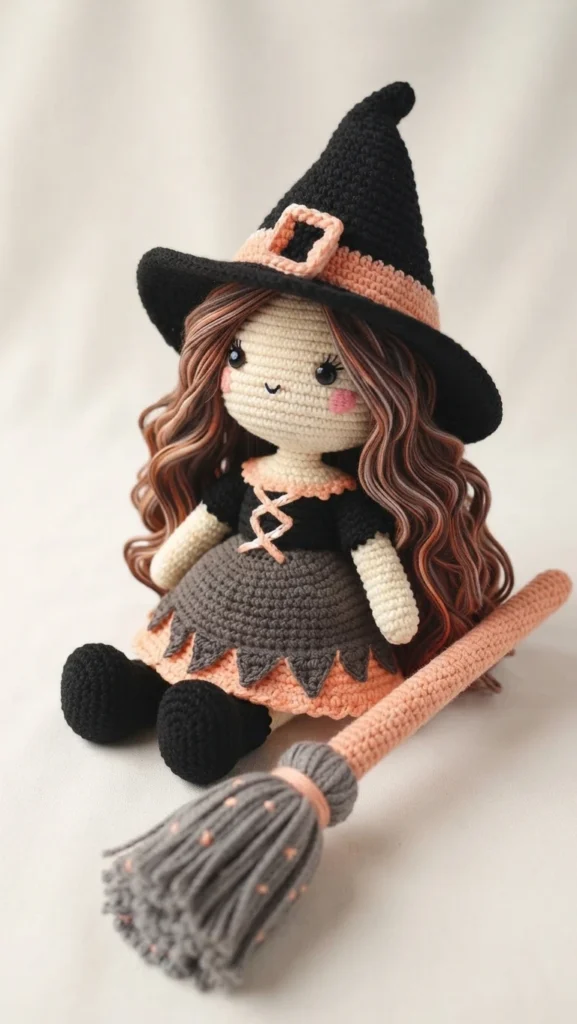 Crocheted amigurumi witch doll with a black pointed hat with a peach band and square buckle, long wavy copper hair, a black top with peach lacing, a grey skirt with a scalloped peach hem, black boots, sitting on a white cloth next to a broo