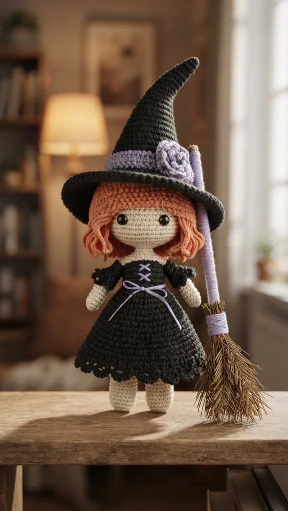 Crocheted witch doll with orange hair, black pointed hat with a lavender band and rose, black dress with lavender lacing and scalloped hem, standing on a wooden table beside a straw broom wrapped with lavender yarn.