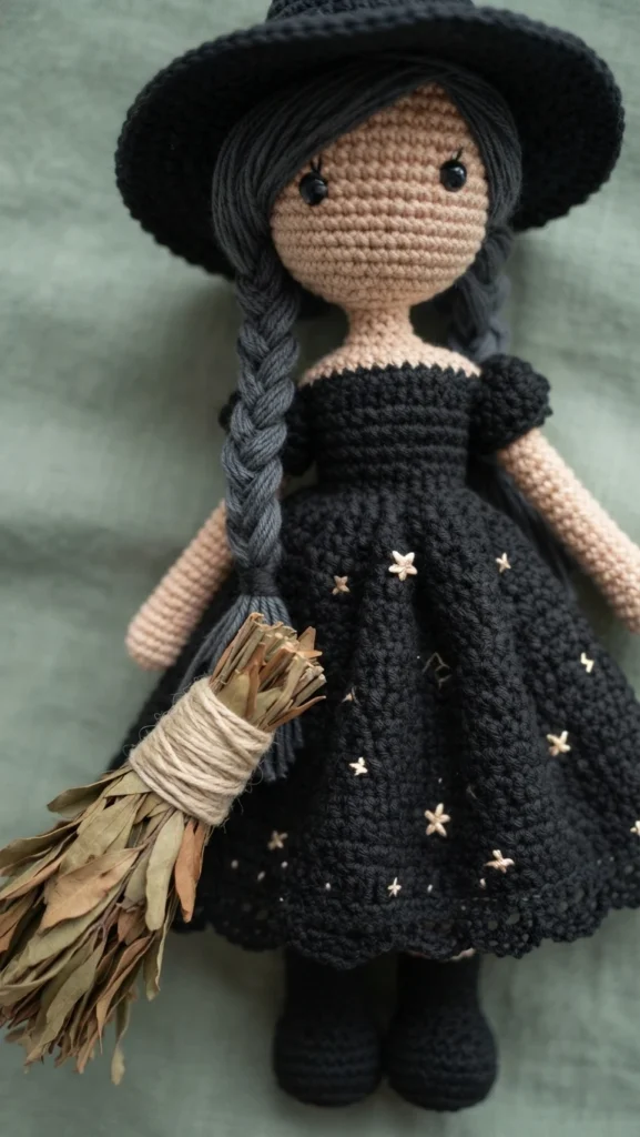 Crocheted witch doll with grey braided hair, a wide-brimmed black hat, a black dress decorated with small light stars and a scalloped hem, black boots, and a small broom with dried leaves tied with twine, photographed against a green fabric