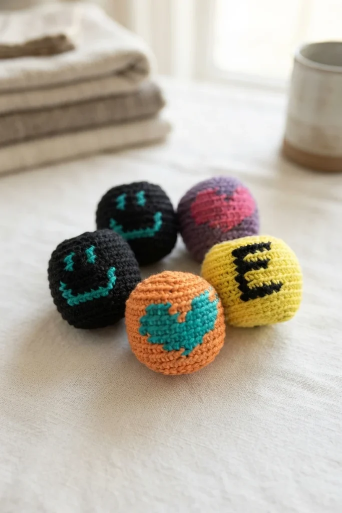 Five small crocheted footbag balls with colorwork motifs, two black balls with teal smiley faces, a purple ball with a pink heart, a yellow ball with a black letter E, and an orange ball with a teal heart, arranged on a light surface with f