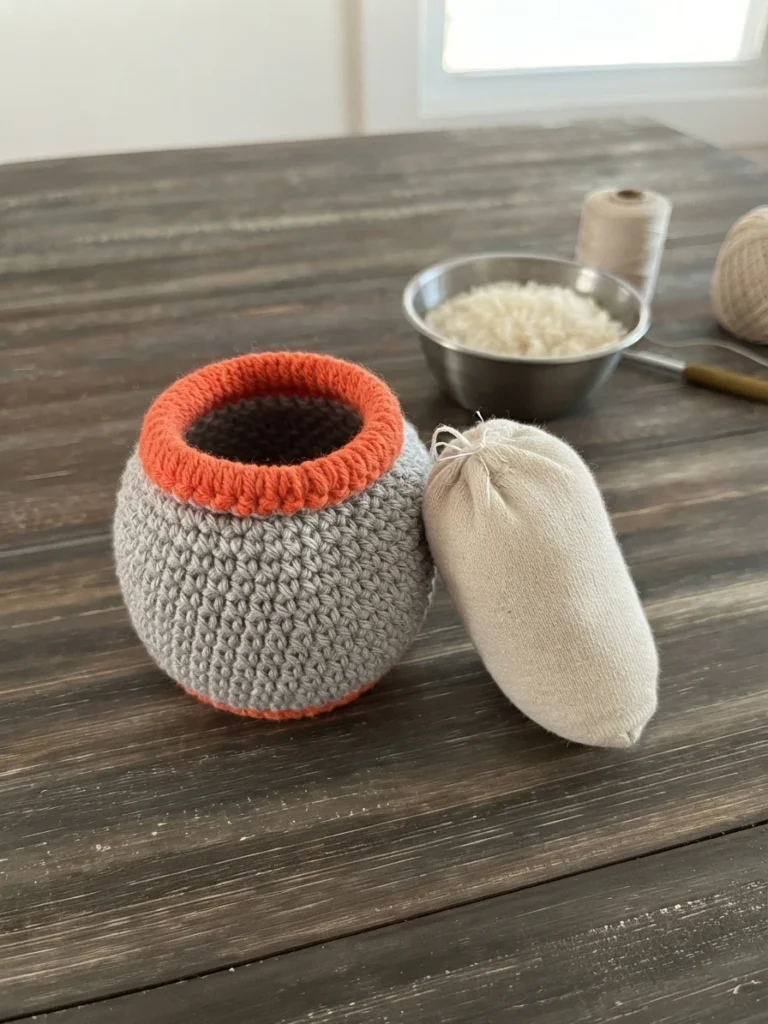 Partially crocheted grey footbag with orange rim beside a filled and stitched sock pouch, with a bowl of rice, thread and a crochet hook on a wooden table.