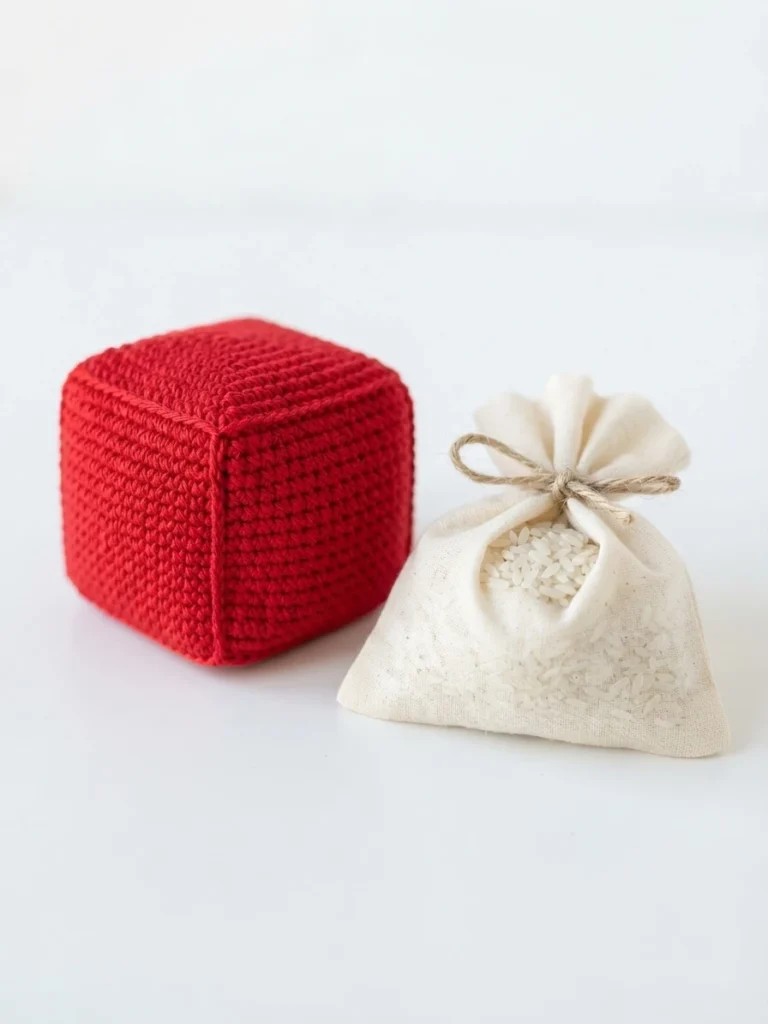 Red crocheted footbag beside a small cream fabric pouch tied with twine and filled with rice.