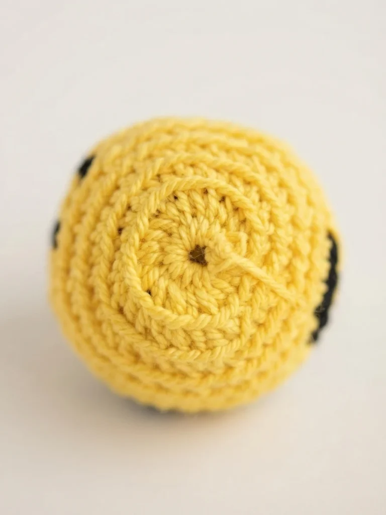 Close-up of the decreased, cinched bottom of a yellow crocheted footbag with part of a black colorwork motif visible at the edge.
