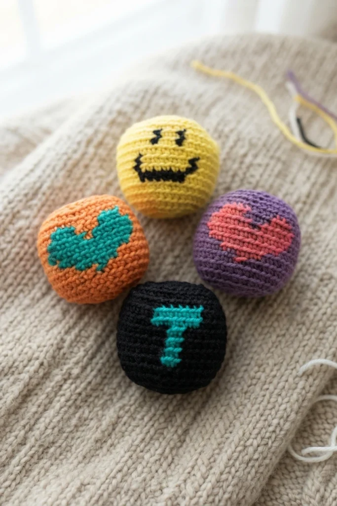 Four small crocheted footbags with smiley face, heart, and letter motifs in yellow, orange, purple, and black resting on beige knitted fabric.