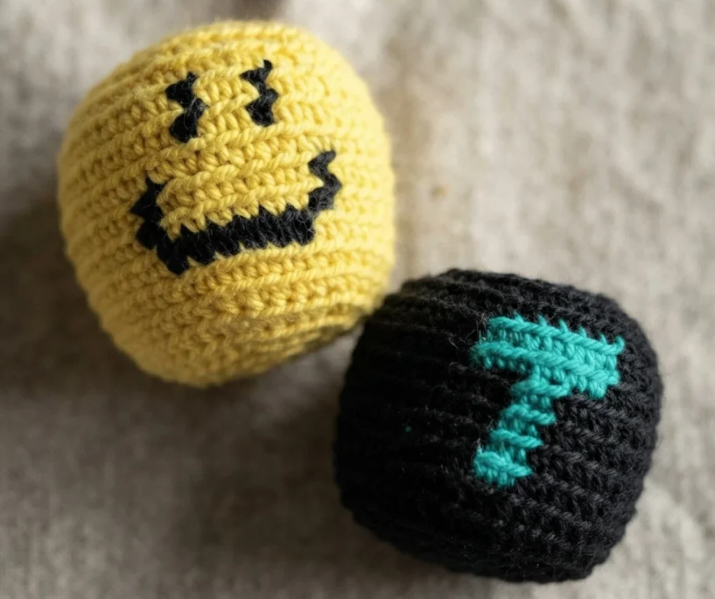 Two finished crocheted footbags on a neutral fabric background: a yellow ball with a black zigzag smiley face and a black ball with a teal arrow motif.