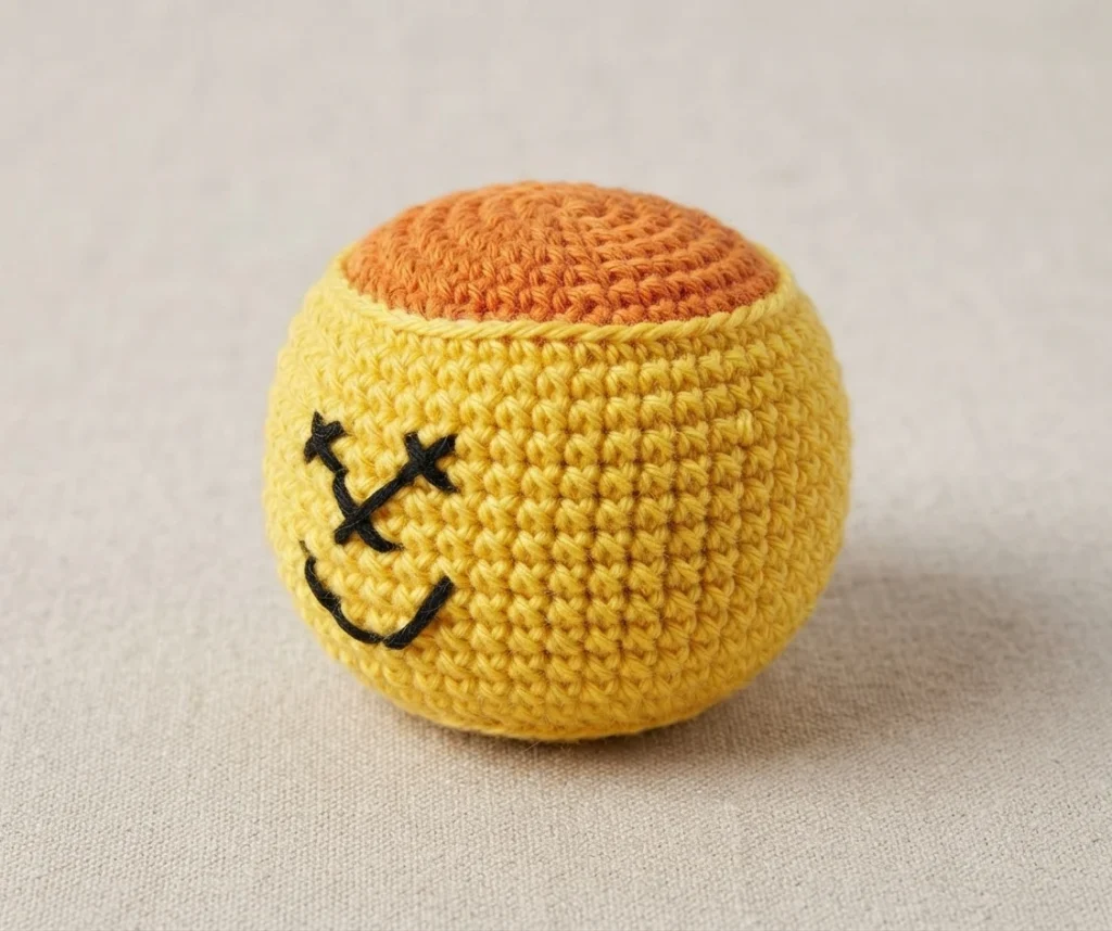 A finished yellow crochet footbag ball with an orange top panel, decorated with a black embroidered letter E and smile motif, resting on beige fabric.