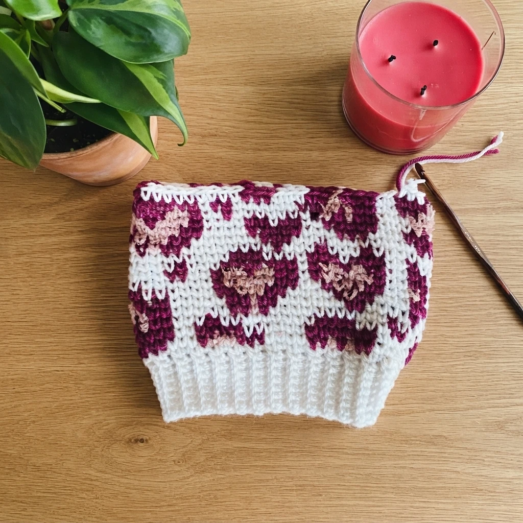 Crocheted beanie with white and magenta leopard print lying beside a crochet hook, a pink candle and a green plant on a wooden table.