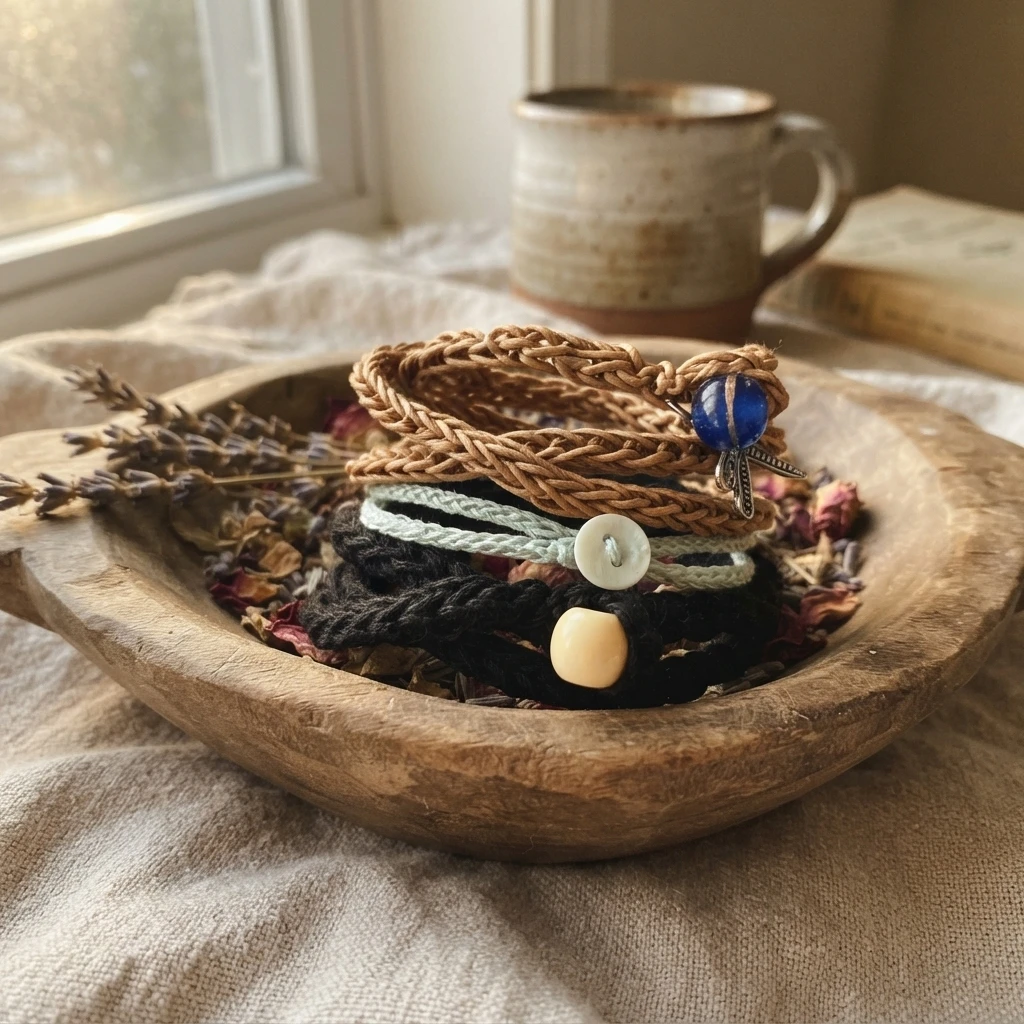 Three crochet wrap bracelets with bead and button closures coiled in a wooden bowl with dried flowers