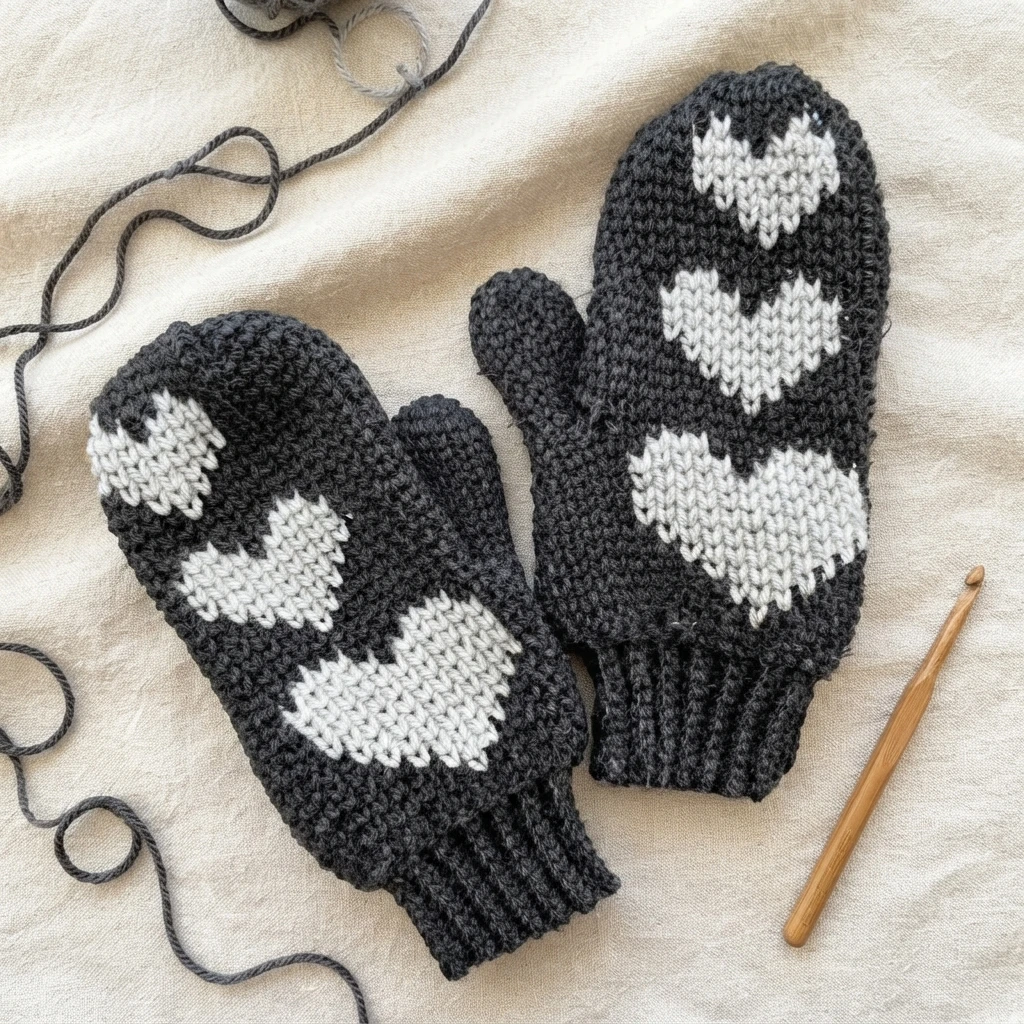 Pair of black crochet mittens decorated with three white heart motifs