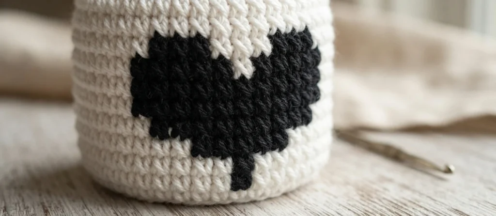 Close-up of a cream crochet piece with a black heart worked in tapestry colorwork, a metal crochet hook resting beside it on a light wood surface.