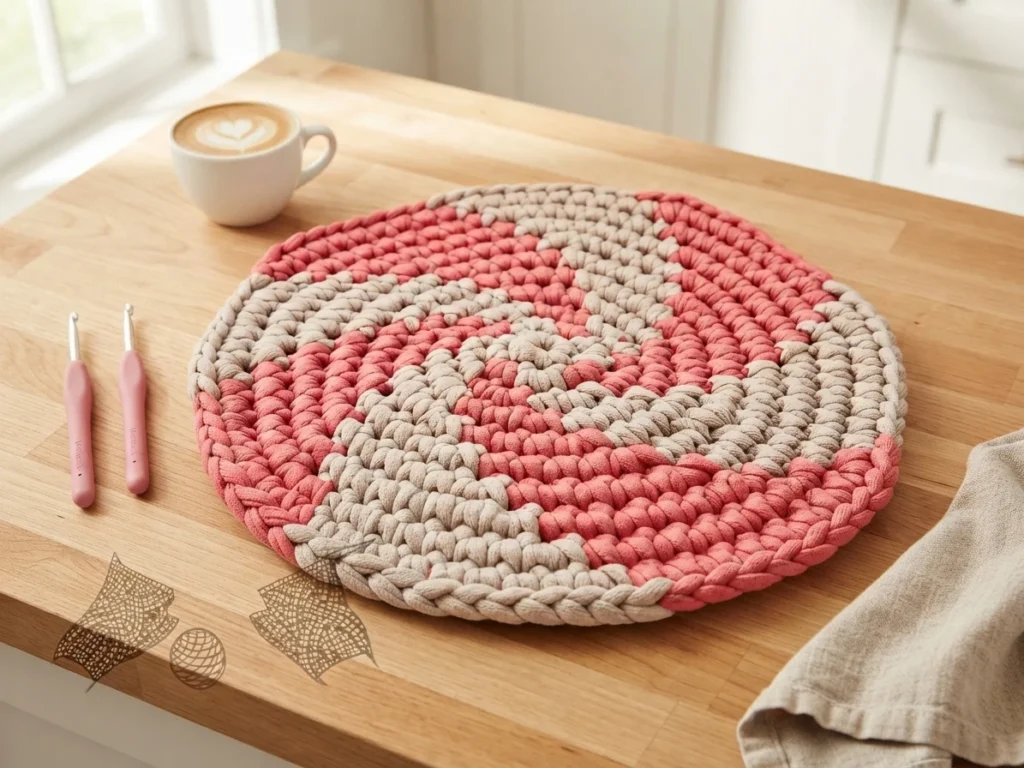 A thick round crochet hot pad with a coral-and-beige spiral design on a wooden countertop, beside two crochet hooks and a cup.