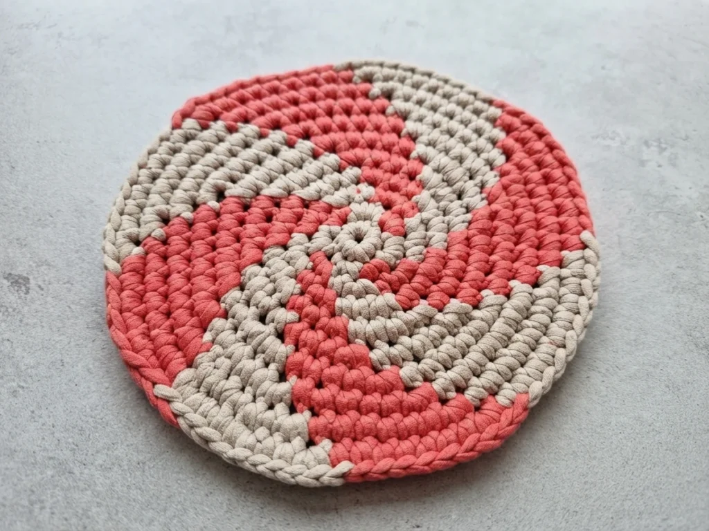 Round, chunky crocheted hot pad with a coral-red and light-gray peppermint spiral.