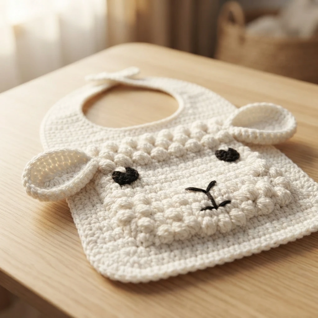 White crochet lamb baby bib with textured wool forehead, floppy ears, black oval eyes and embroidered nose, lying on a wooden table.