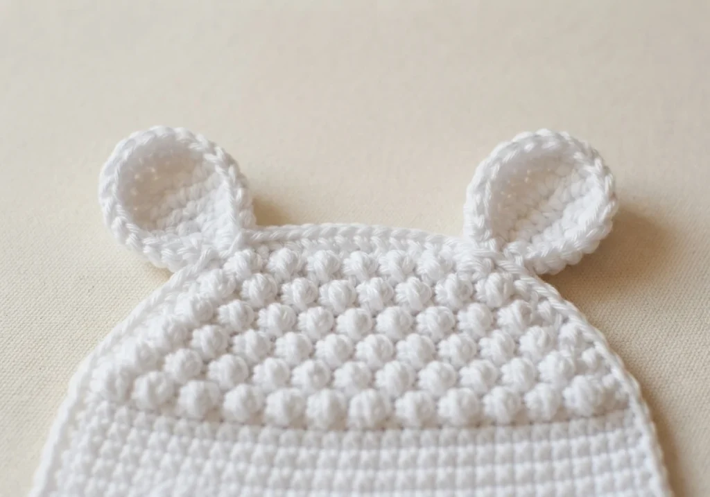 White crocheted lamb baby bib with two rounded ears sewn to a bobble stitch band on beige fabric.