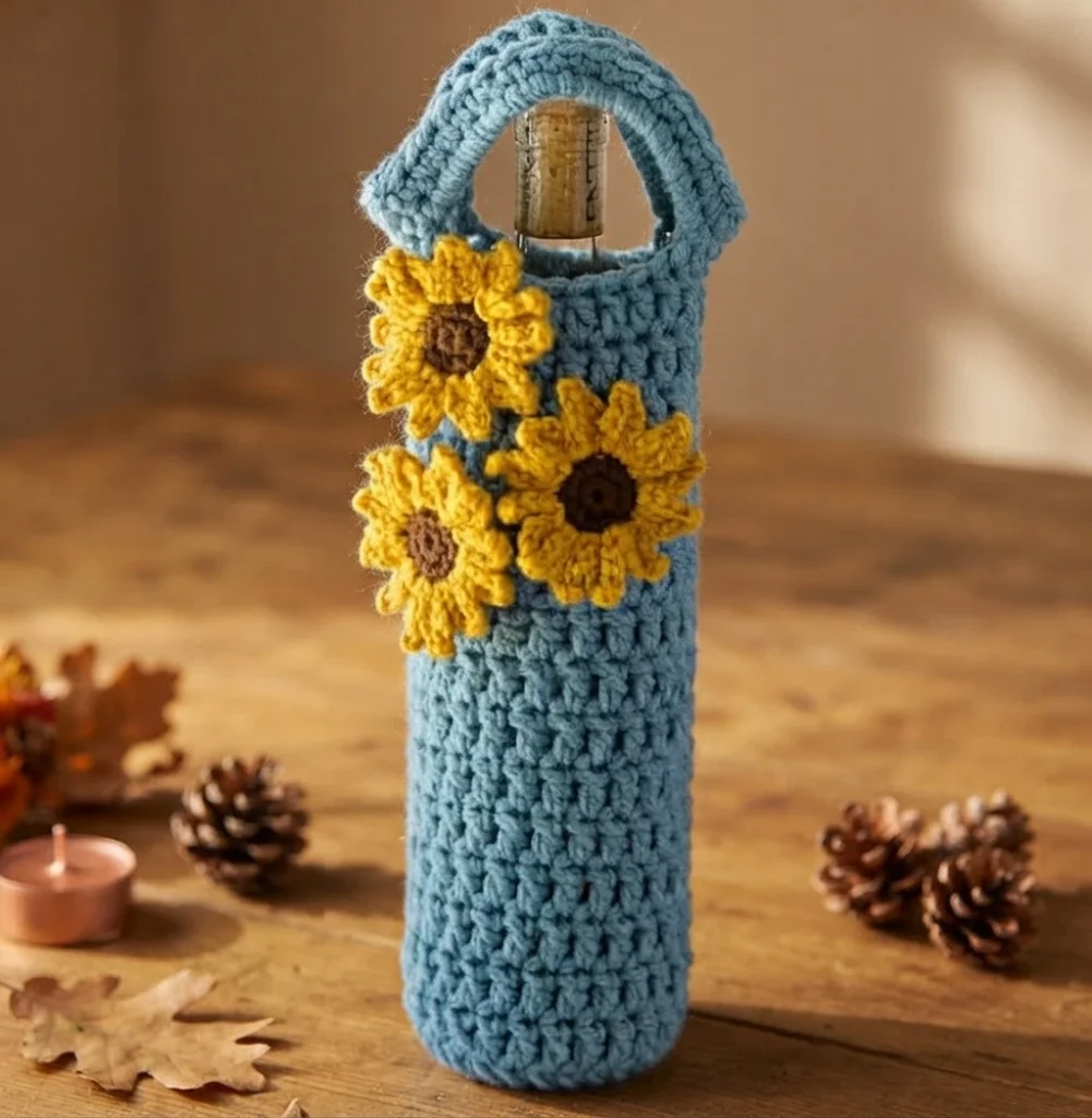 Blue crocheted wine bottle cozy with a top handle and three yellow crocheted sunflowers with brown centers attached to the front, holding a bottle with a visible cork, set on a wooden table with pinecones, dried leaves and a small candle.