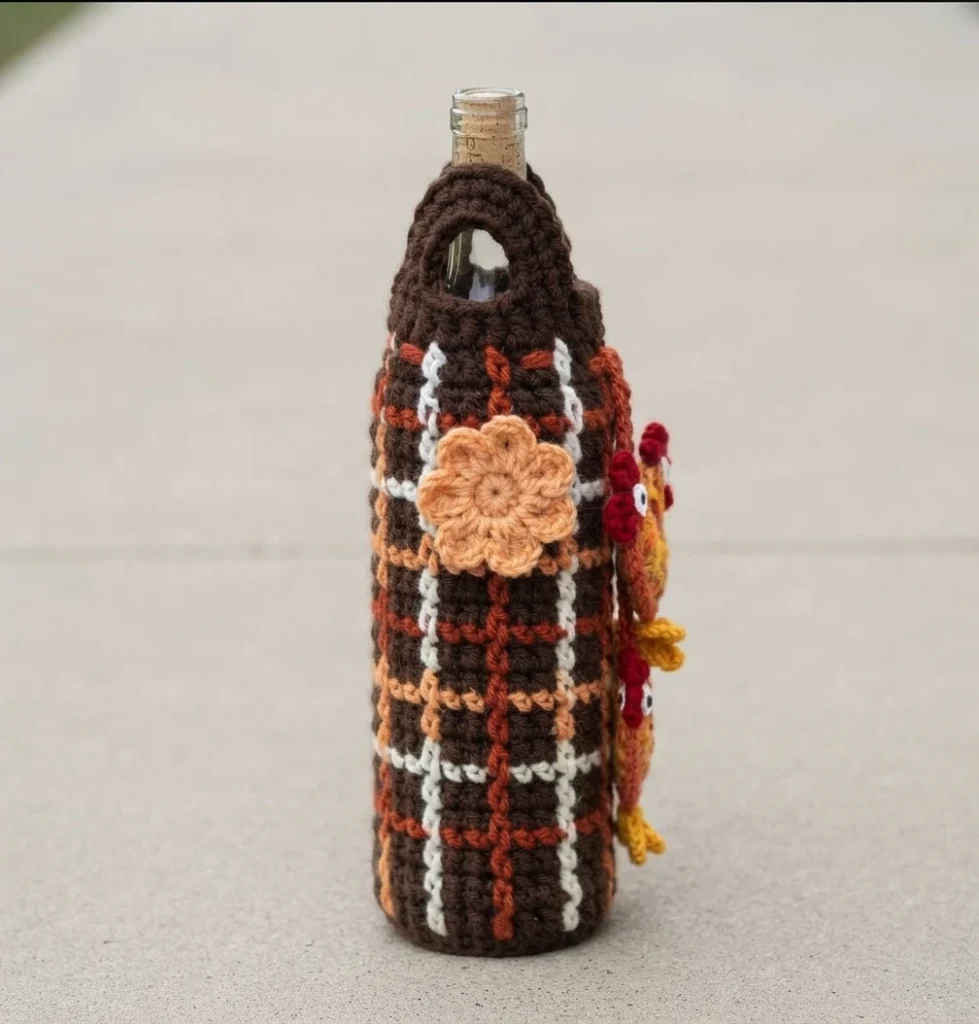 Brown crocheted wine bottle tote with a plaid pattern in brown, orange and white, a cream flower motif on the front, two small rooster appliques on the side, and a corked bottle visible above the handle, photographed outdoors on concrete.
