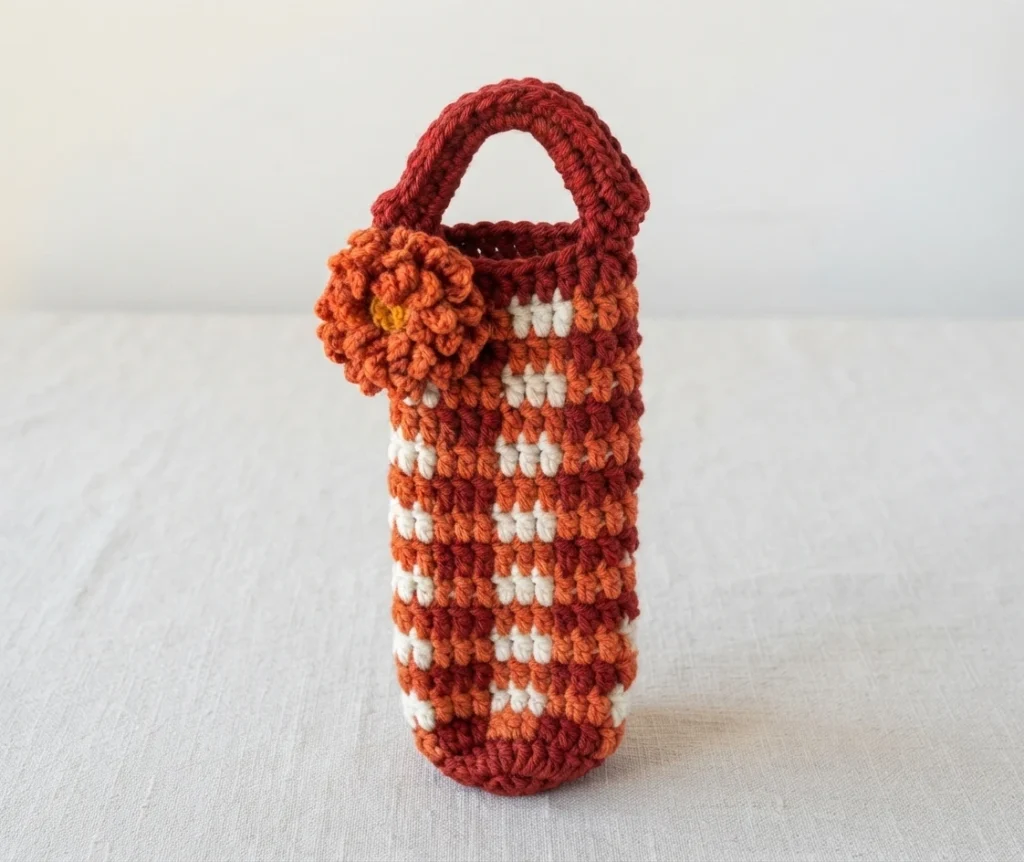 Crocheted wine cozy in dark red, orange and white gingham plaid standing upright on a pale cloth, with a crocheted handle at the top and an orange flower with a gold center attached near the handle.
