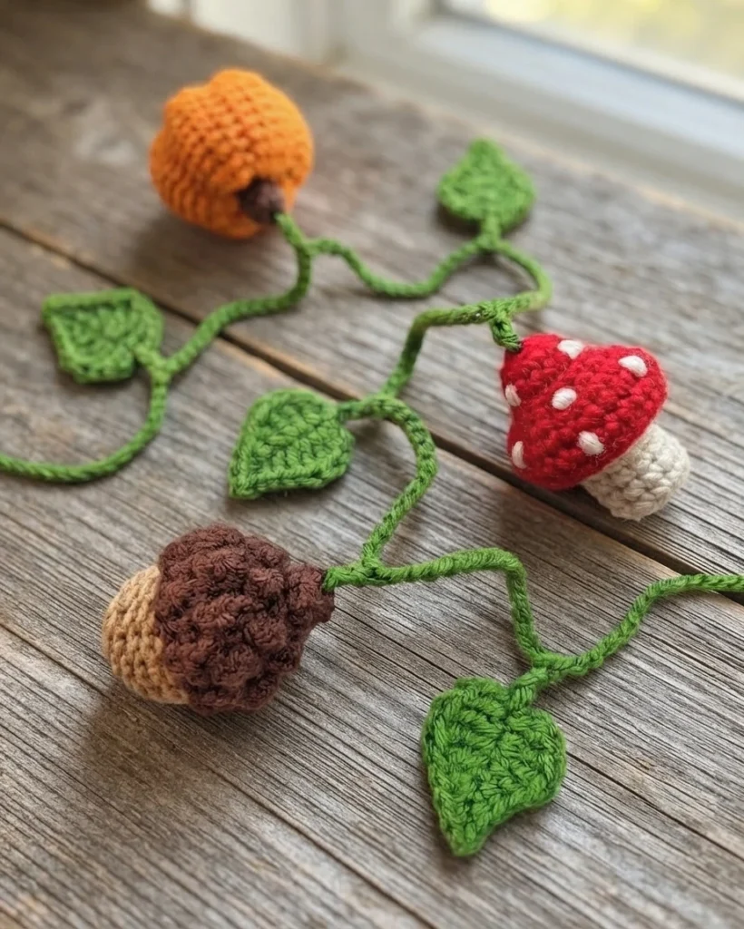 Guirlande au crochet composée d’un gland, d’une citrouille orange, d’un champignon rouge à pois blancs et de feuilles vertes.