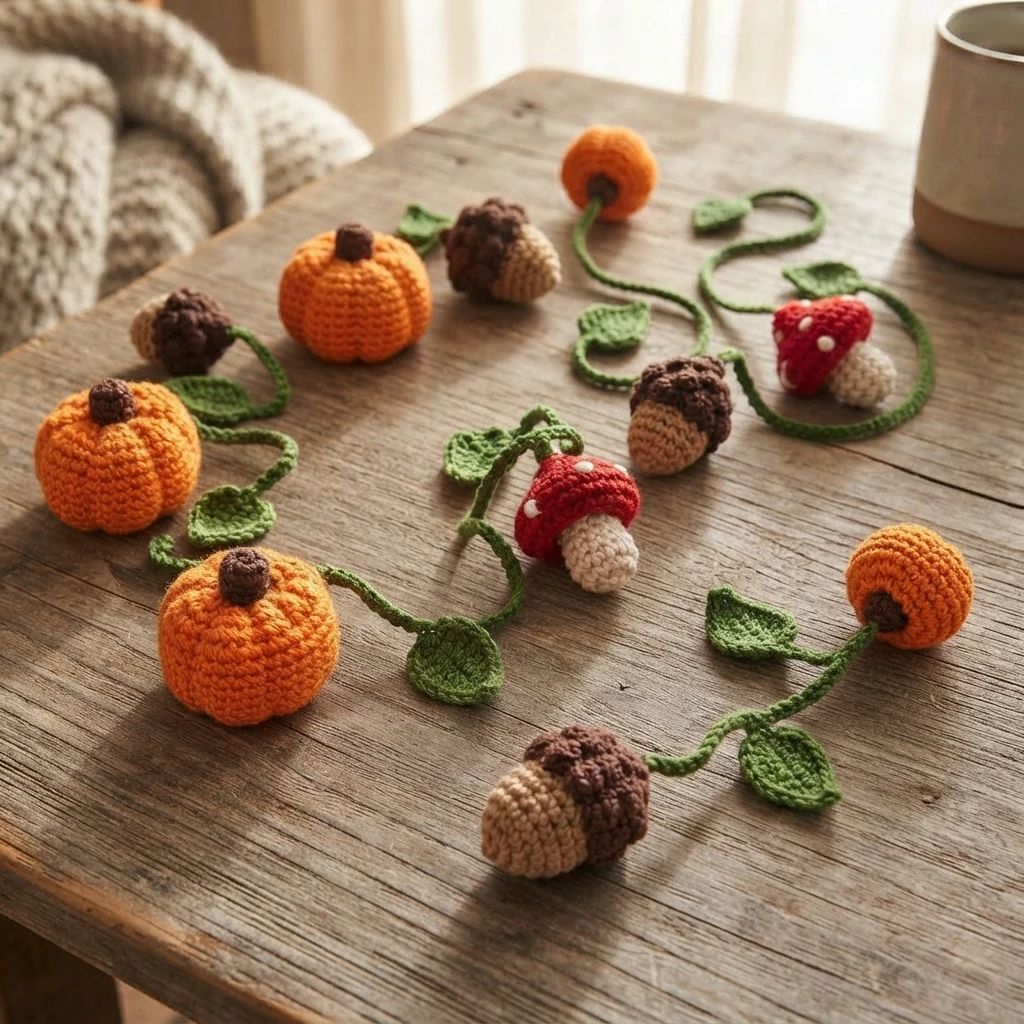 Crocheted acorns, pumpkins, mushrooms and green leaves arranged as autumn garlands on a wooden table