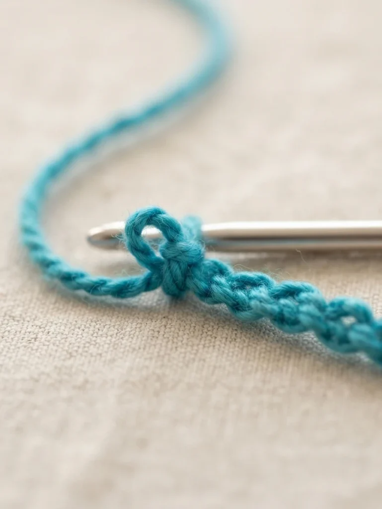 Close-up of turquoise yarn in a slip knot on a metal crochet hook, with a short chain resting on beige fabric.