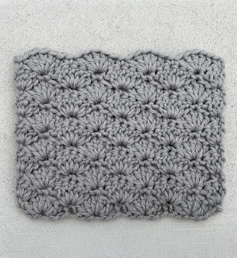 Gray crochet swatch with repeating fan shaped shell stitch pattern on a light background.