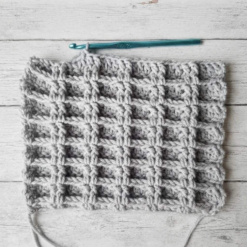 Gray waffle stitch crochet swatch with a teal hook on a white wooden surface.