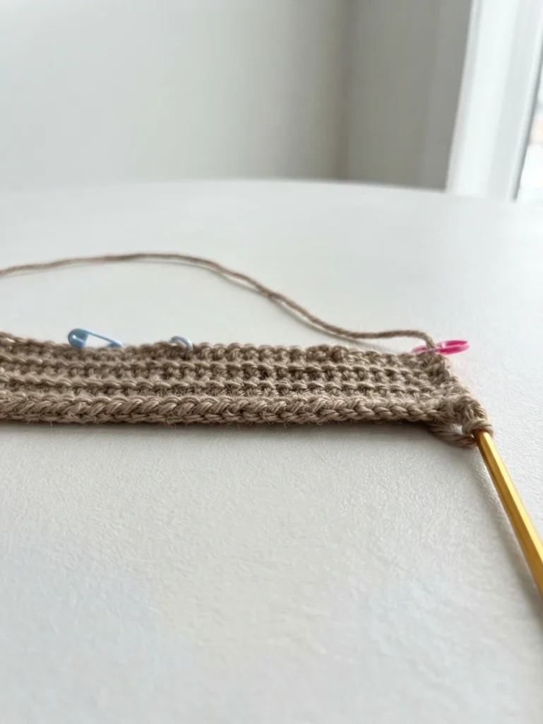 Beige crocheted swatch with blue and pink stitch markers and a gold crochet hook on a white table