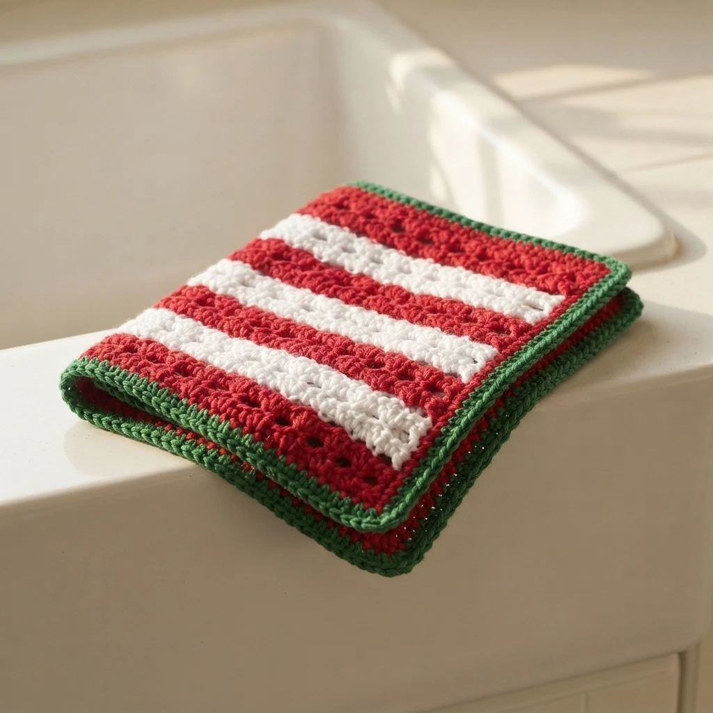 Folded red, white and green striped crochet dishcloth resting on the edge of a white kitchen sink.
