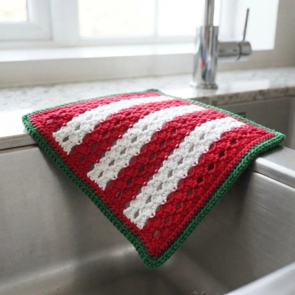 Crocheted red dishcloth with white stripes and green border draped over a stainless steel kitchen sink edge