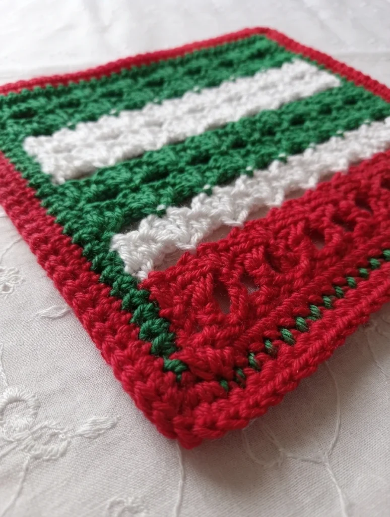 Close-up of a crocheted Christmas dishcloth with red, green and white stripes and a red border
