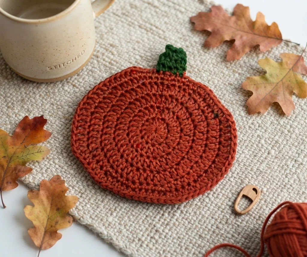A rust-orange crocheted pumpkin coaster with a dark green stem sits on a textured cloth beside a beige mug, autumn leaves, a crochet hook, and yarn.